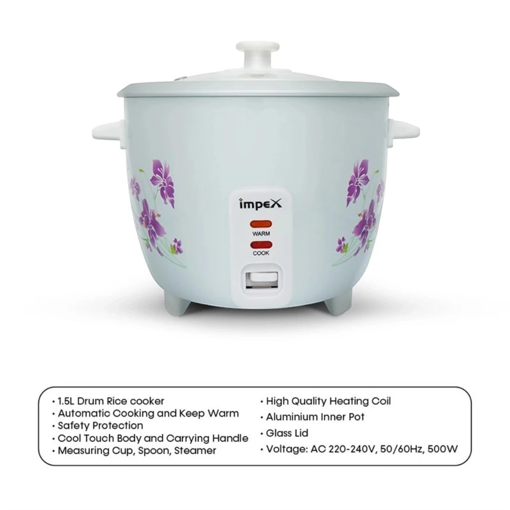 Impex Electric Rice Cooker – 1.5 Litre, 500W, Aluminium Inner Pot, Auto Cooking & Keep Warm, Safety Protection, Glass Lid – White -  RC 2802 - Damoo
