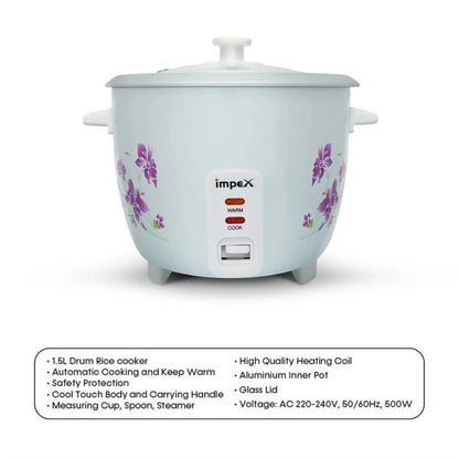 Impex Electric Rice Cooker – 1.5 Litre, 500W, Aluminium Inner Pot, Auto Cooking & Keep Warm, Safety Protection, Glass Lid – White -  RC 2802 - Damoo