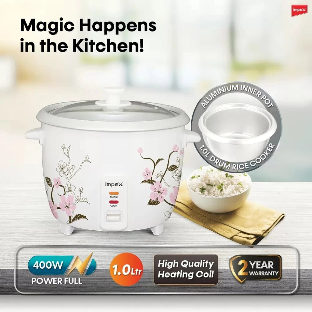 Impex Electric Rice Cooker – 1 Litre Capacity, 400W Power, Aluminium Inner Pot, Auto Cooking & Keep Warm, Glass Lid, Safety Protection – White - RC 2801 - Damoo