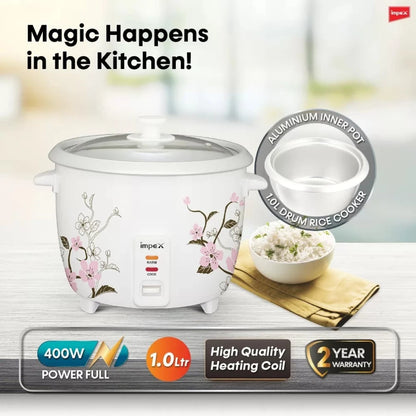 Impex Electric Rice Cooker – 1 Litre Capacity, 400W Power, Aluminium Inner Pot, Auto Cooking & Keep Warm, Glass Lid, Safety Protection – White - RC 2801 - Damoo