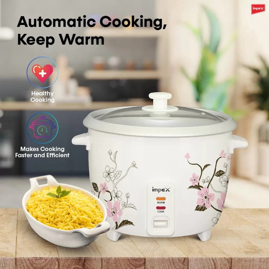 Impex Electric Rice Cooker – 1 Litre Capacity, 400W Power, Aluminium Inner Pot, Auto Cooking & Keep Warm, Glass Lid, Safety Protection – White - RC 2801 - Damoo