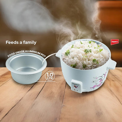 Impex Electric Rice Cooker – 1 Litre Capacity, 400W Power, Aluminium Inner Pot, Auto Cooking & Keep Warm, Glass Lid, Safety Protection – White - RC 2801 - Damoo