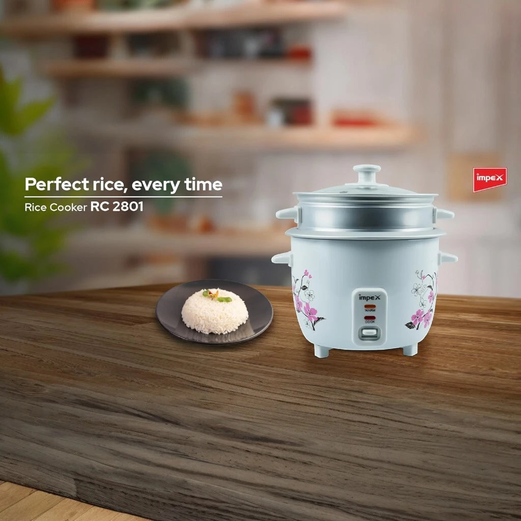 Impex Electric Rice Cooker – 1 Litre Capacity, 400W Power, Aluminium Inner Pot, Auto Cooking & Keep Warm, Glass Lid, Safety Protection – White - RC 2801 - Damoo