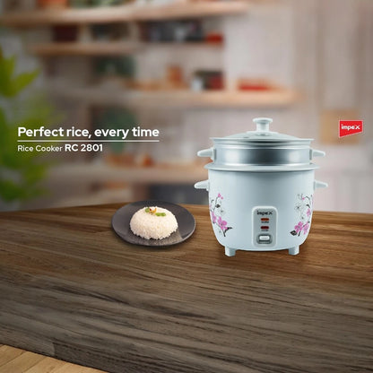 Impex Electric Rice Cooker – 1 Litre Capacity, 400W Power, Aluminium Inner Pot, Auto Cooking & Keep Warm, Glass Lid, Safety Protection – White - RC 2801 - Damoo