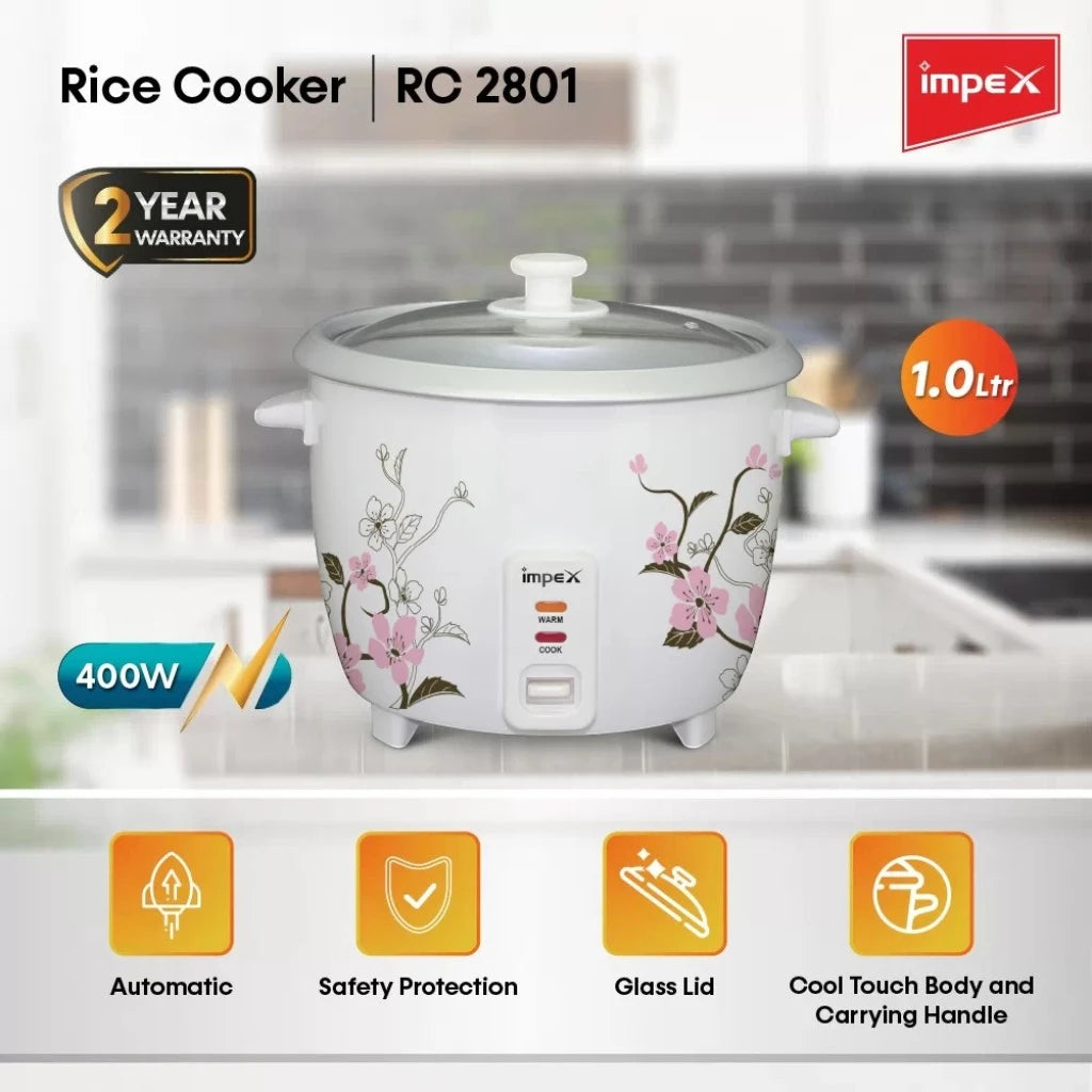 Impex Electric Rice Cooker – 1 Litre Capacity, 400W Power, Aluminium Inner Pot, Auto Cooking & Keep Warm, Glass Lid, Safety Protection – White - RC 2801 - Damoo