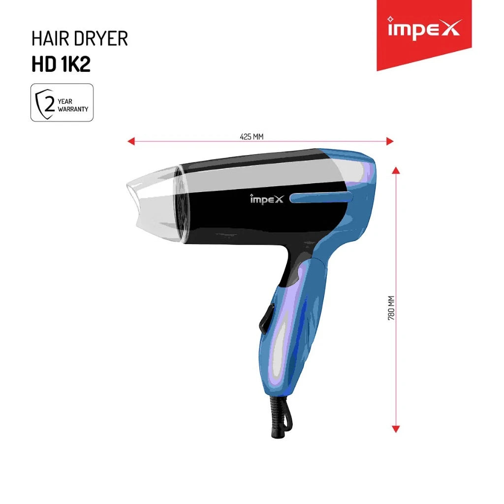 Impex Foldable Hair Dryer – 2-Speed Settings, Ionic Technology, 700W Power, Removable Filter, Quick-Dry Function – White/Black - HD1K2 - Damoo