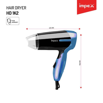 Impex Foldable Hair Dryer – 2-Speed Settings, Ionic Technology, 700W Power, Removable Filter, Quick-Dry Function – White/Black - HD1K2 - Damoo