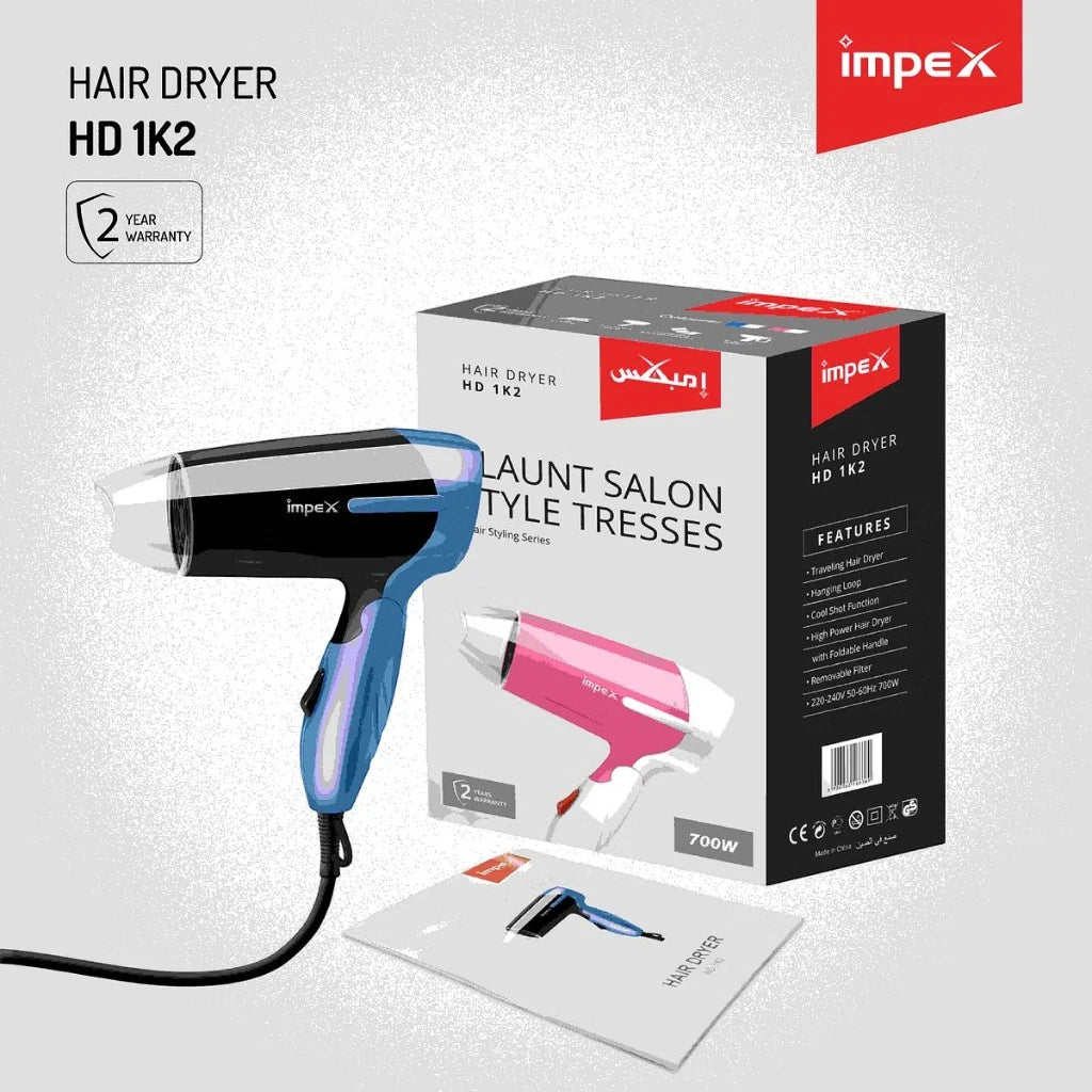 Impex Foldable Hair Dryer – 2-Speed Settings, Ionic Technology, 700W Power, Removable Filter, Quick-Dry Function – White/Black - HD1K2 - Damoo