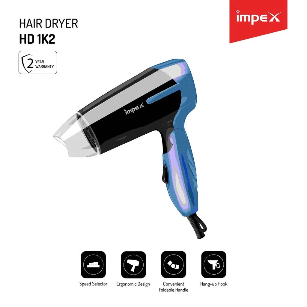 Impex Foldable Hair Dryer – 2-Speed Settings, Ionic Technology, 700W Power, Removable Filter, Quick-Dry Function – White/Black - HD1K2 - Damoo