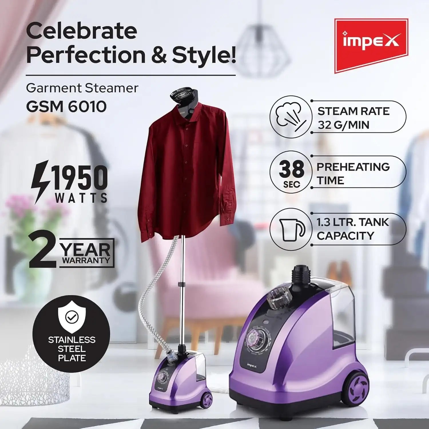 IMPEX Garment Steamer – 1950W Powerful Clothes Steamer with 38s Fast Preheat, 1.3L Tank, 40-Min Runtime, Adjustable Pole, Hairbrush Head, Coat Hanger & Glove –  GSM 6010 - Damoo