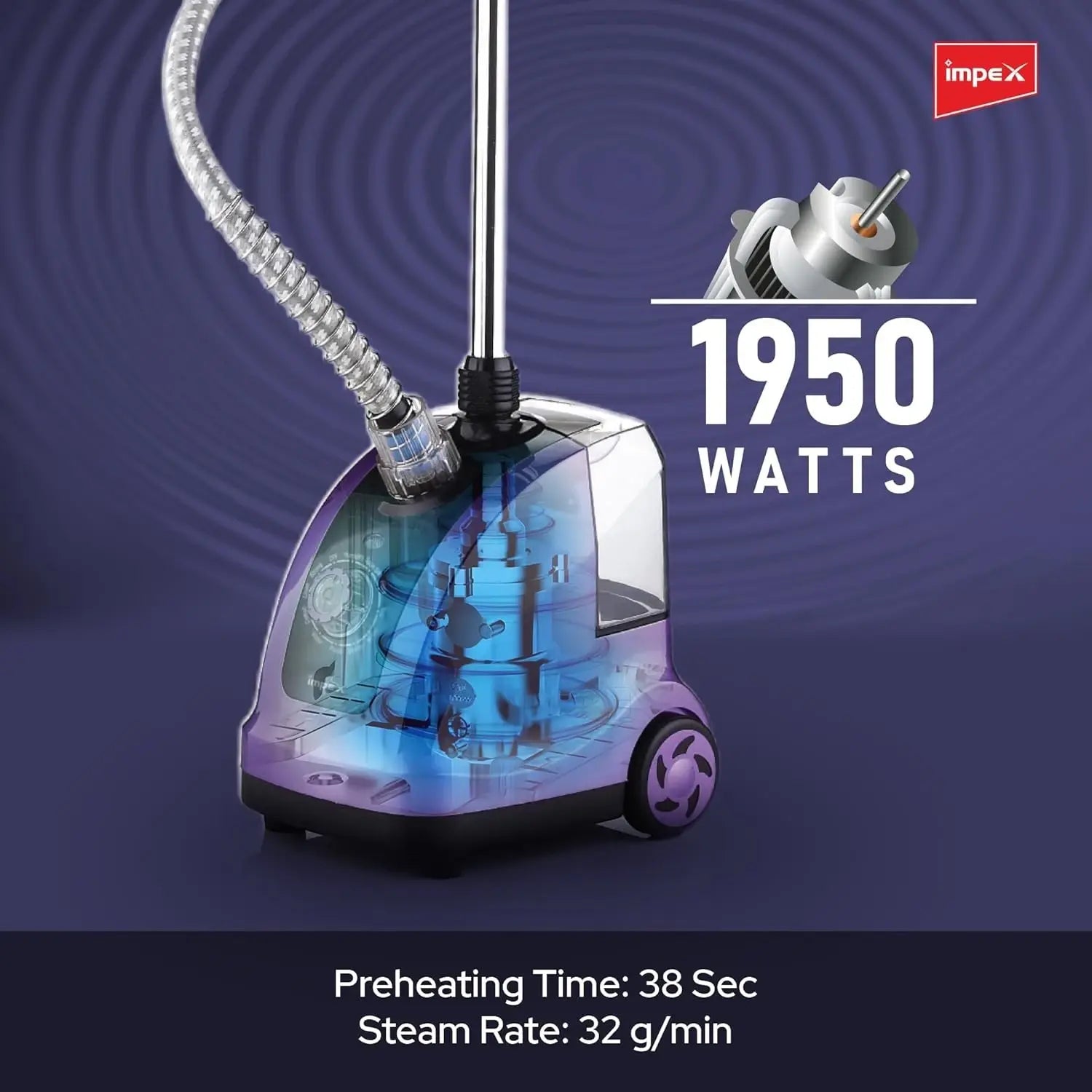IMPEX Garment Steamer – 1950W Powerful Clothes Steamer with 38s Fast Preheat, 1.3L Tank, 40-Min Runtime, Adjustable Pole, Hairbrush Head, Coat Hanger & Glove –  GSM 6010 - Damoo