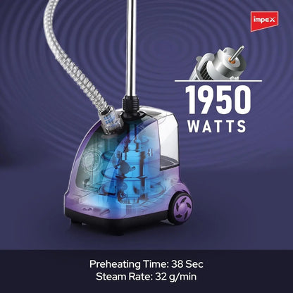 IMPEX Garment Steamer – 1950W Powerful Clothes Steamer with 38s Fast Preheat, 1.3L Tank, 40-Min Runtime, Adjustable Pole, Hairbrush Head, Coat Hanger & Glove –  GSM 6010 - Damoo