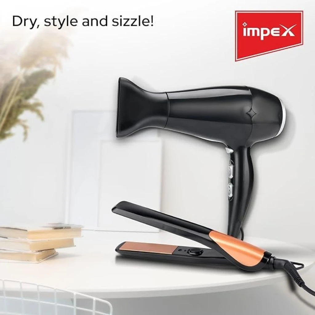 Impex Hair Dryer & Hair Straightener Combo – 2 Heat Settings, 1800-2100W, Swivel Cord, Auto Shutoff, Styling Nozzle Included | HSK 101 - Damoo