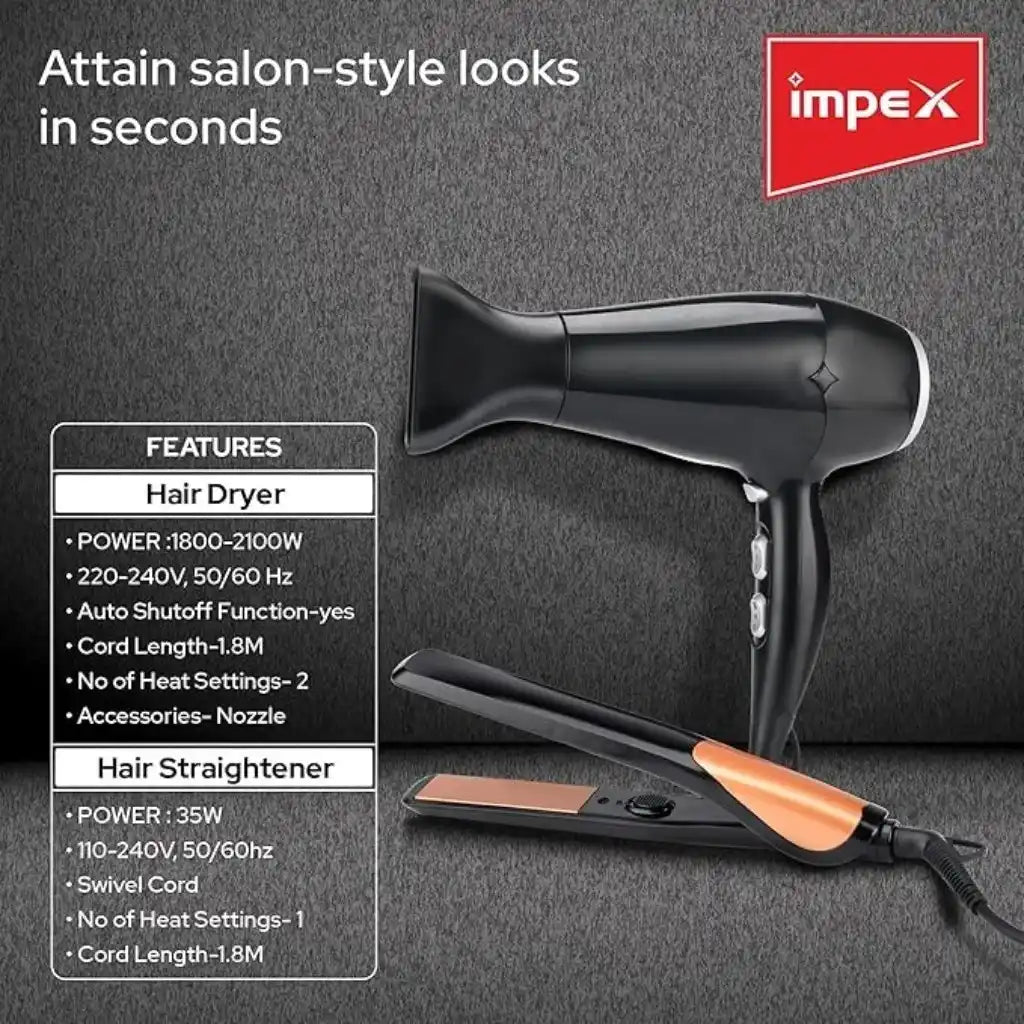 Impex Hair Dryer & Hair Straightener Combo – 2 Heat Settings, 1800-2100W, Swivel Cord, Auto Shutoff, Styling Nozzle Included | HSK 101 - Damoo