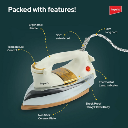 Impex Heavy Duty 1200W Dry Iron with Ceramic Coated Non-Stick Soleplate IB 211, Automatic Thermostat, Shockproof Body & 6 Heat Settings – Durable & Reliable Iron Box for Everyday Use - Damoo