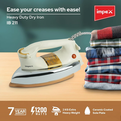 Impex Heavy Duty 1200W Dry Iron with Ceramic Coated Non-Stick Soleplate IB 211, Automatic Thermostat, Shockproof Body & 6 Heat Settings – Durable & Reliable Iron Box for Everyday Use - Damoo