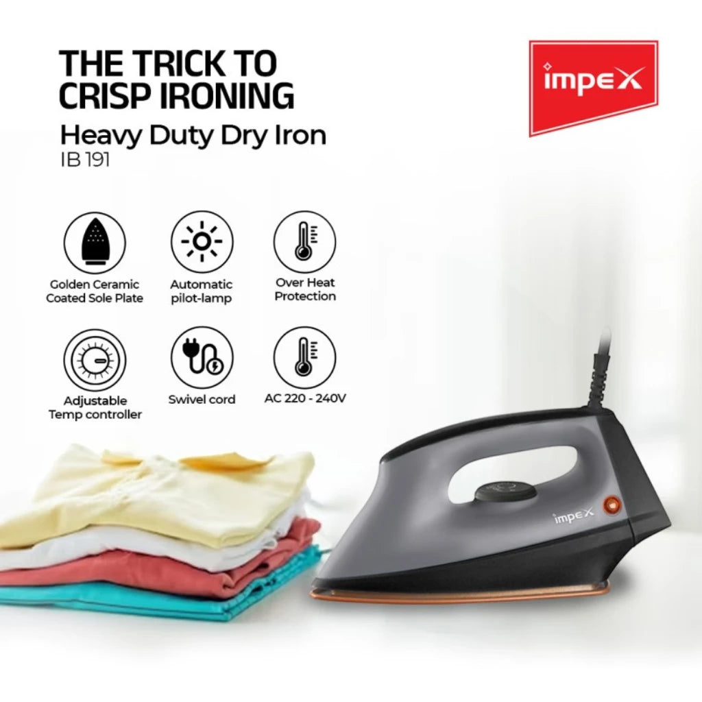 Impex Heavy Duty Dry Iron 1200W with Non-Stick Ceramic Soleplate, 5 Temperature Settings, Overheat Protection, Long-Life Thermostat & 360° Swivel Cord – IB 191 – Black/Grey - Damoo
