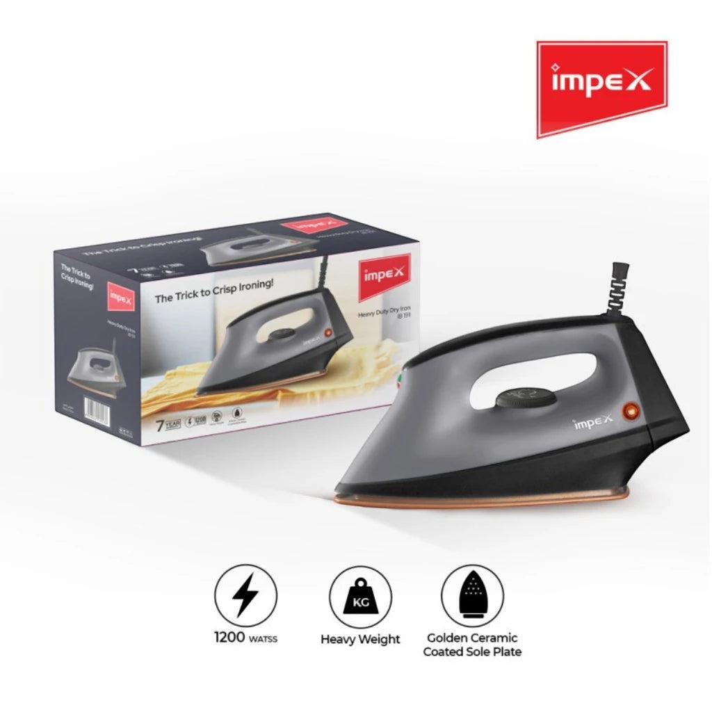 Impex Heavy Duty Dry Iron 1200W with Non-Stick Ceramic Soleplate, 5 Temperature Settings, Overheat Protection, Long-Life Thermostat & 360° Swivel Cord – IB 191 – Black/Grey - Damoo