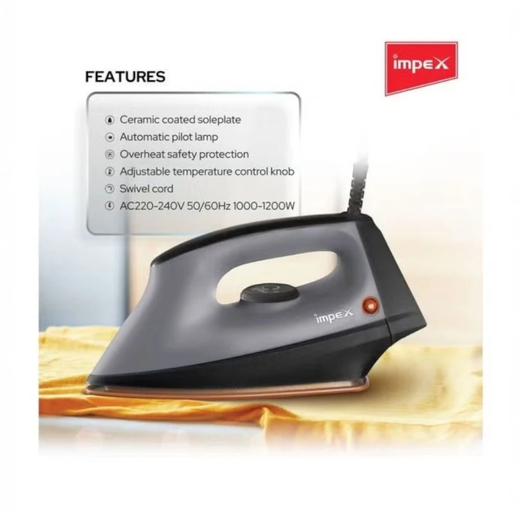 Impex Heavy Duty Dry Iron 1200W with Non-Stick Ceramic Soleplate, 5 Temperature Settings, Overheat Protection, Long-Life Thermostat & 360° Swivel Cord – IB 191 – Black/Grey - Damoo