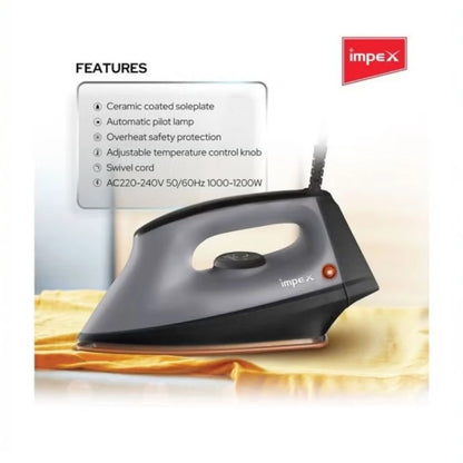 Impex Heavy Duty Dry Iron 1200W with Non-Stick Ceramic Soleplate, 5 Temperature Settings, Overheat Protection, Long-Life Thermostat & 360° Swivel Cord – IB 191 – Black/Grey - Damoo