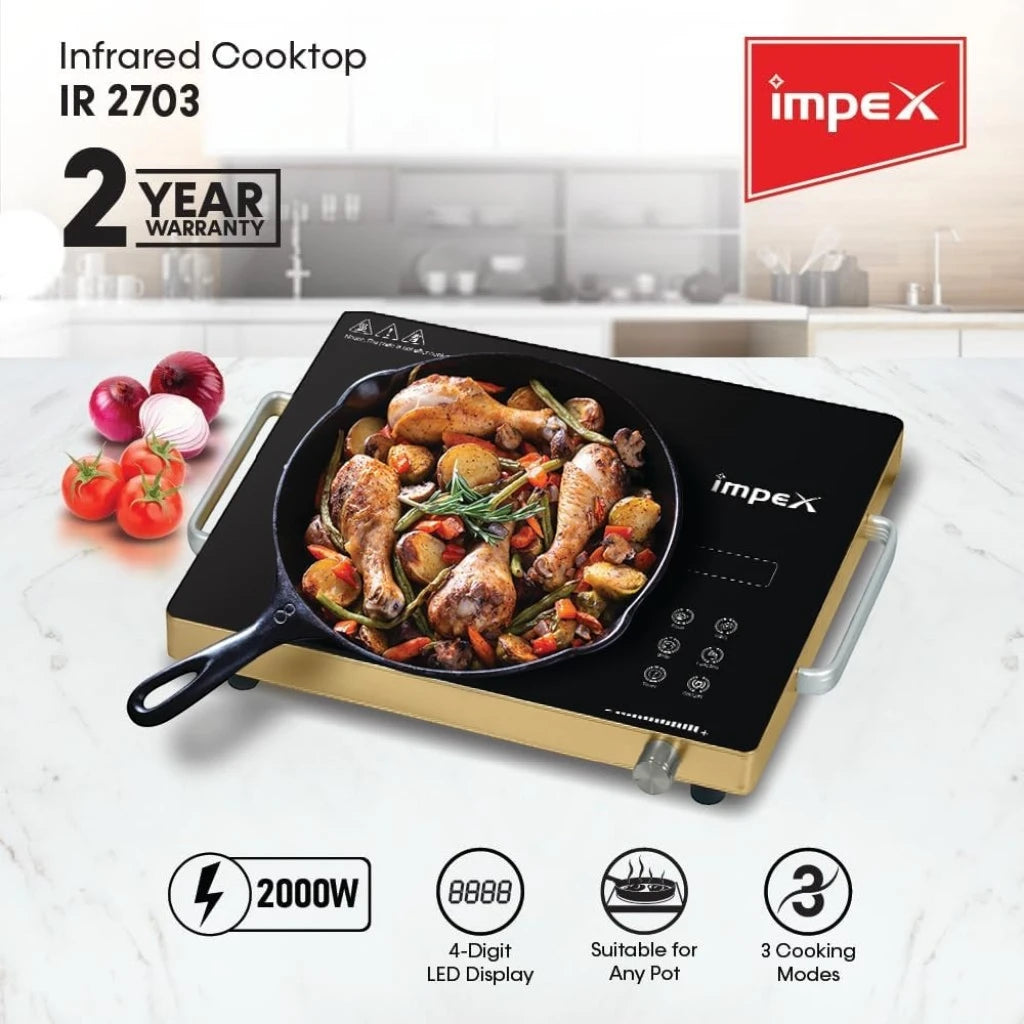 IMPEX Infrared Cooktop IR 2703 – 2000W Electric Stove with Touch & Knob Control, Micro Crystal Plate, 4-Digit LED Display, 4-Hour Timer, Auto Shut Off & Overheat Protection – Black - Damoo