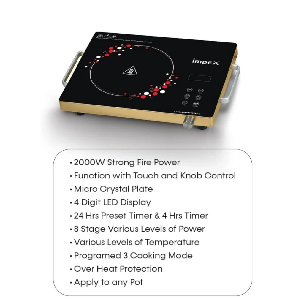 IMPEX Infrared Cooktop IR 2703 – 2000W Electric Stove with Touch & Knob Control, Micro Crystal Plate, 4-Digit LED Display, 4-Hour Timer, Auto Shut Off & Overheat Protection – Black - Damoo