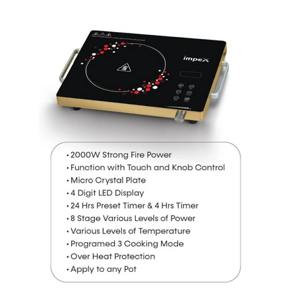 IMPEX Infrared Cooktop IR 2703 – 2000W Electric Stove with Touch & Knob Control, Micro Crystal Plate, 4-Digit LED Display, 4-Hour Timer, Auto Shut Off & Overheat Protection – Black - Damoo