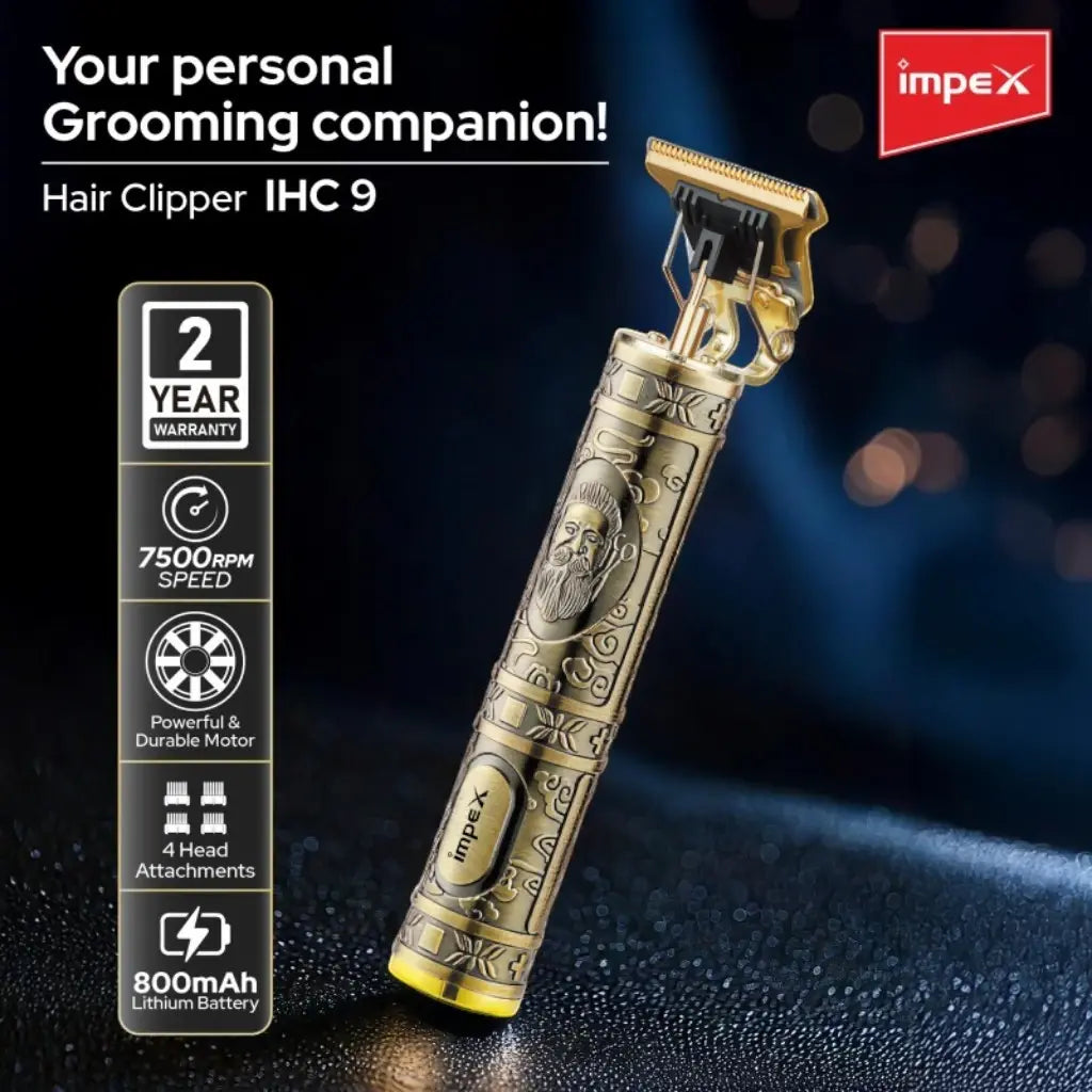 Impex Professional Cordless Hair Clipper with 7500RPM Motor – 800mAh Battery, Type-C Fast Charging, 4 Guide Combs, Zinc Alloy Body, 5W Power – Men’s Grooming Kit | IHC9 - Damoo
