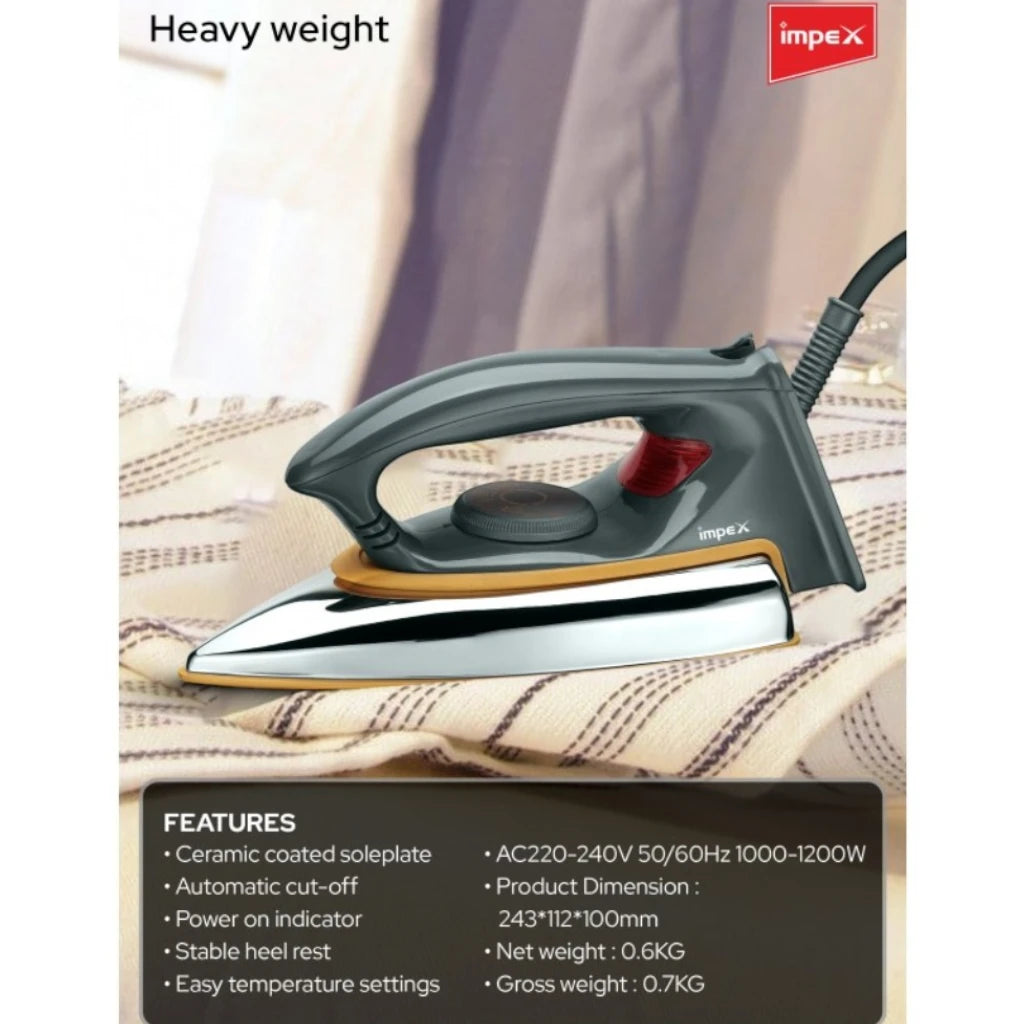 impex Showy 1200W Lightweight Electric Iron Box with Non-Stick Ceramic Soleplate, 5 Temperature Settings, Auto-Thermostat, Overheat Protection, 180° Swivel Cord & Cool Grip Handle - Damoo