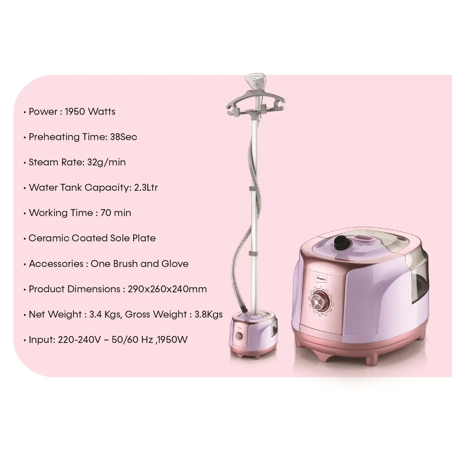 Impex Standing Garment Steamer – 1950W Powerful Clothes Steamer with 2.3L Tank, 70 Min Continuous Steam, Fast 38s Heat-Up, Ceramic Soleplate, Accessories Included – Pink | GSM 6013 - Damoo