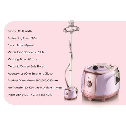 Impex Standing Garment Steamer – 1950W Powerful Clothes Steamer with 2.3L Tank, 70 Min Continuous Steam, Fast 38s Heat-Up, Ceramic Soleplate, Accessories Included – Pink | GSM 6013 - Damoo