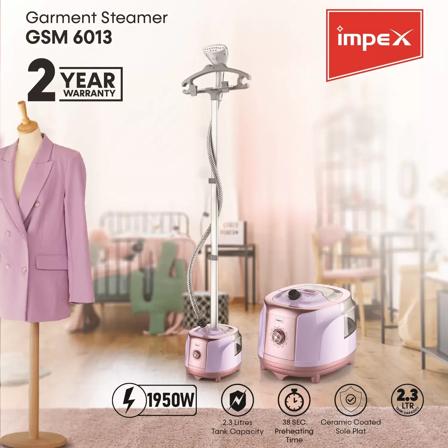 Impex Standing Garment Steamer – 1950W Powerful Clothes Steamer with 2.3L Tank, 70 Min Continuous Steam, Fast 38s Heat-Up, Ceramic Soleplate, Accessories Included – Pink | GSM 6013 - Damoo