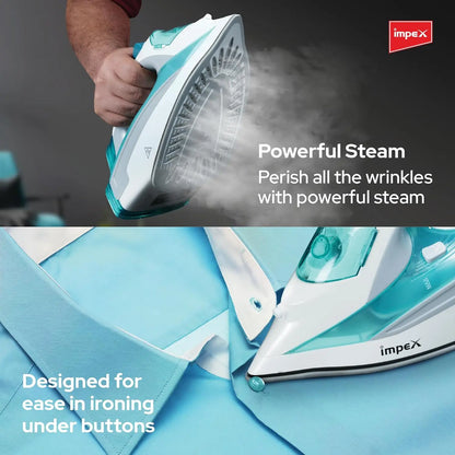 Impex Steam Iron IBS 403 – 2000W Electric Iron Box with Ceramic Coated Soleplate, 360° Swivel Cord, Self-Cleaning, Overheat Protection & Adjustable Thermostat – White/Blue - Damoo