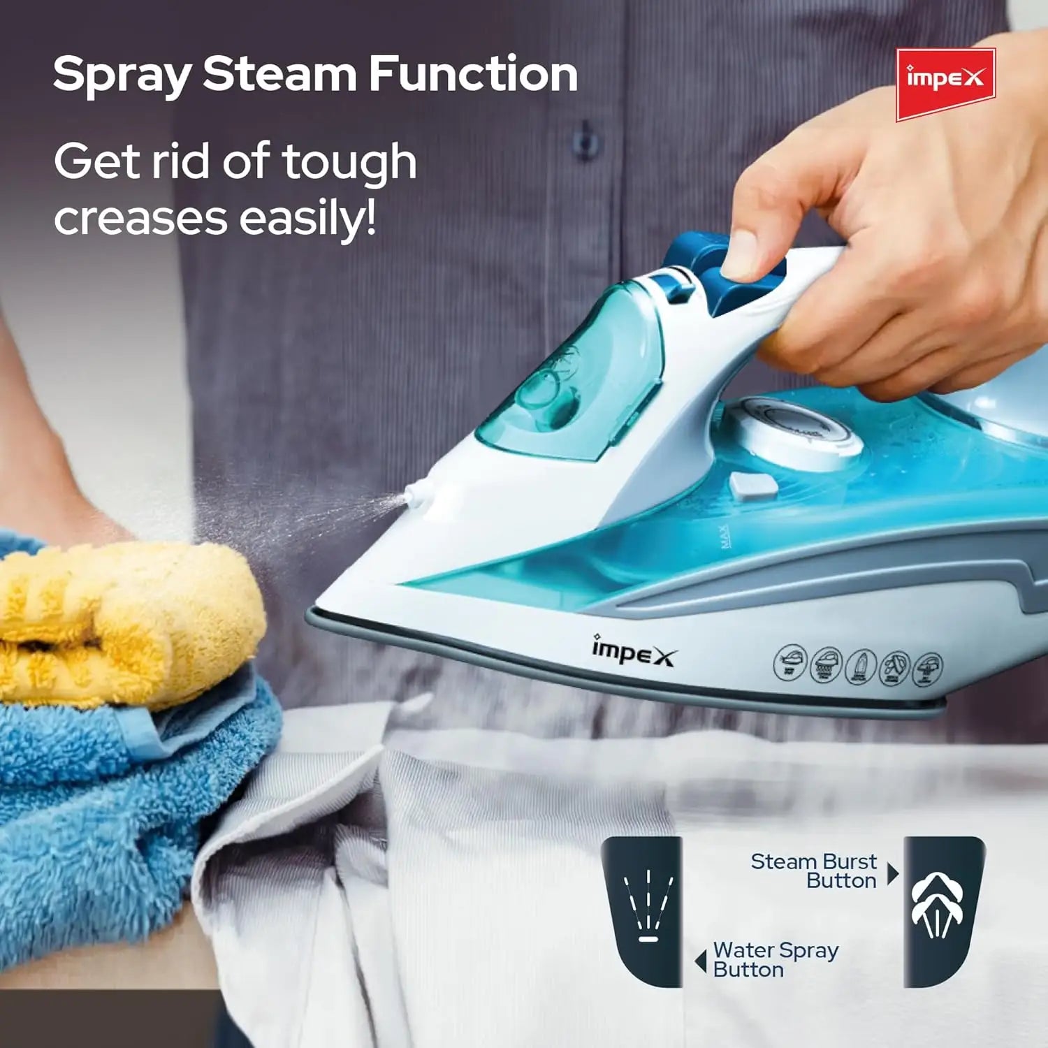 Impex Steam Iron IBS 403 – 2000W Electric Iron Box with Ceramic Coated Soleplate, 360° Swivel Cord, Self-Cleaning, Overheat Protection & Adjustable Thermostat – White/Blue - Damoo