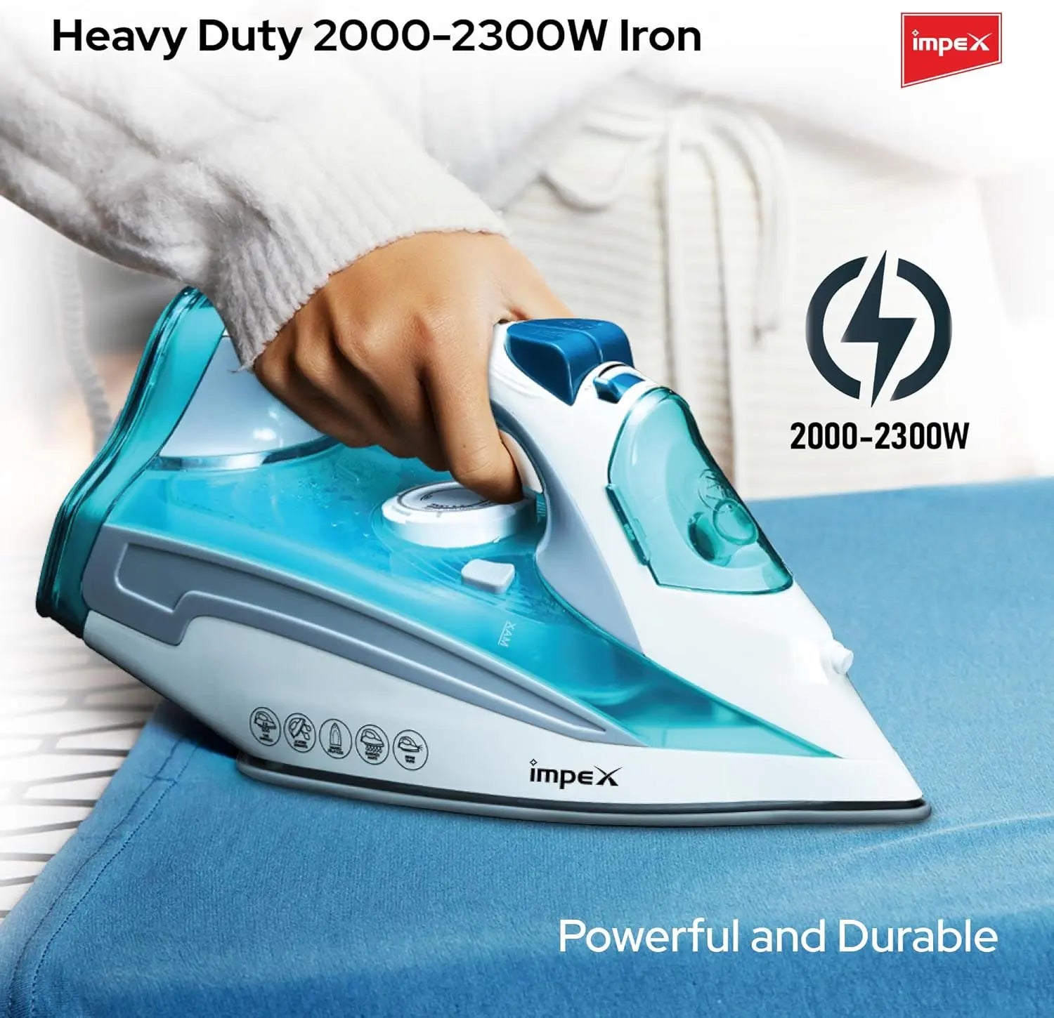 Impex Steam Iron IBS 403 – 2000W Electric Iron Box with Ceramic Coated Soleplate, 360° Swivel Cord, Self-Cleaning, Overheat Protection & Adjustable Thermostat – White/Blue - Damoo