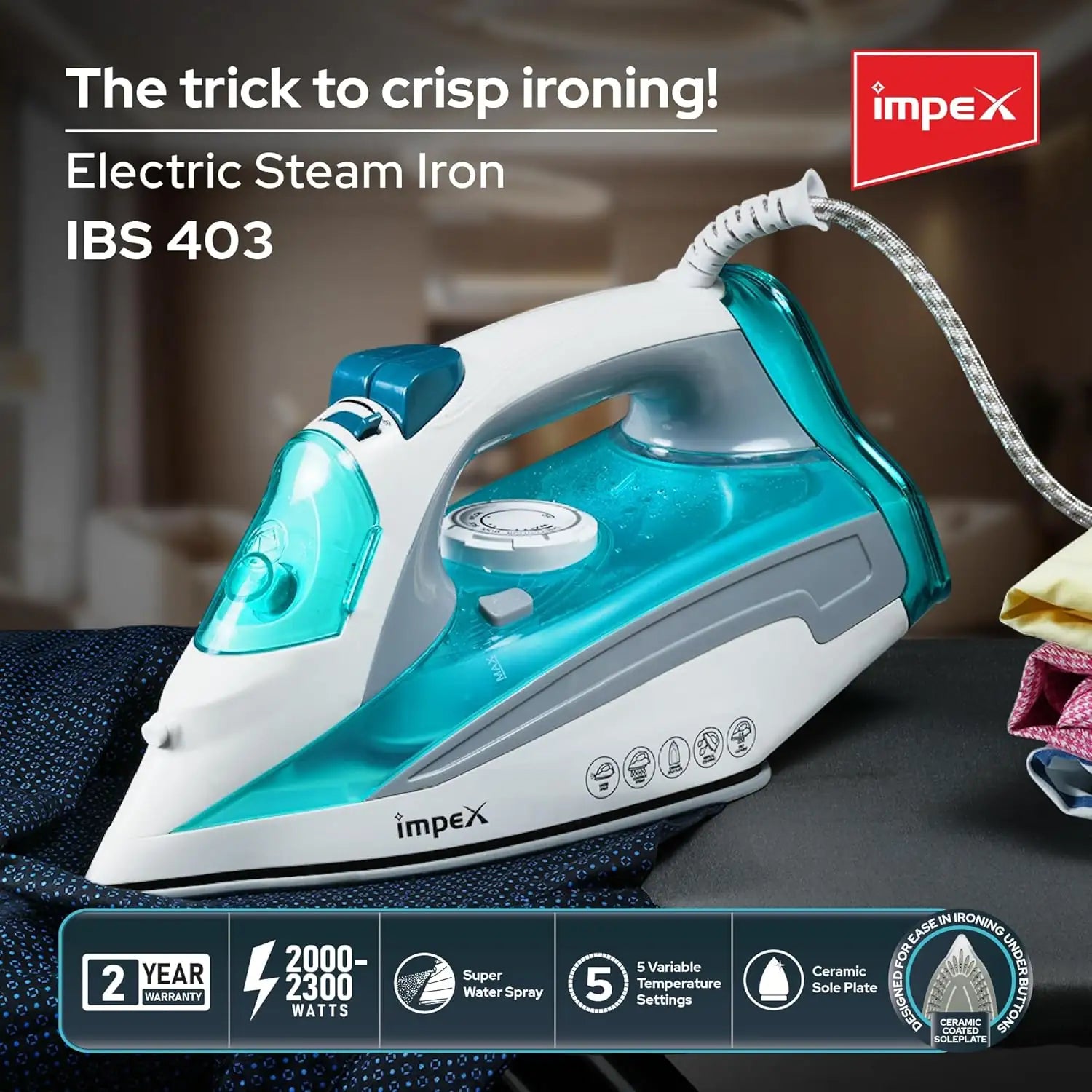 Impex Steam Iron IBS 403 – 2000W Electric Iron Box with Ceramic Coated Soleplate, 360° Swivel Cord, Self-Cleaning, Overheat Protection & Adjustable Thermostat – White/Blue - Damoo