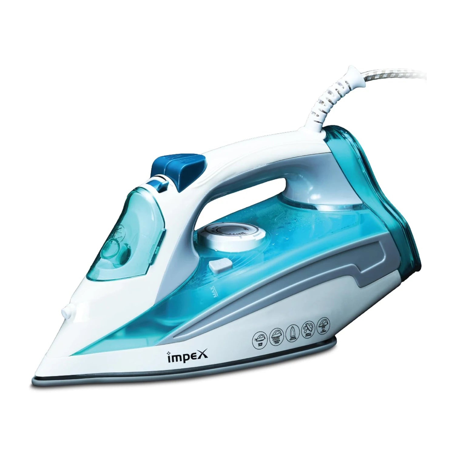 Impex Steam Iron IBS 403 – 2000W Electric Iron Box with Ceramic Coated Soleplate, 360° Swivel Cord, Self-Cleaning, Overheat Protection & Adjustable Thermostat – White/Blue - Damoo