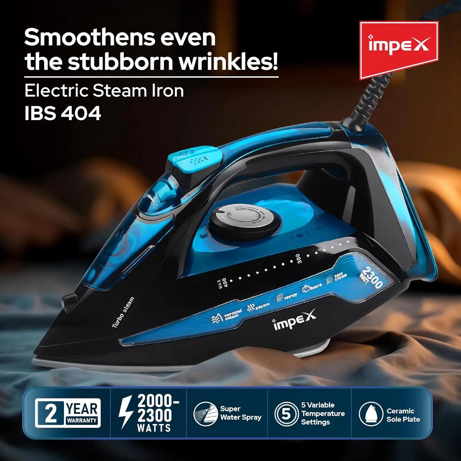 Impex Steam Iron IBS 404 - 2300W with Ceramic Coated Soleplate, Water Spray, 360° Swivel Cord, Overheat Protection & 5 Heat Settings – Vertical & Horizontal Steaming - Damoo
