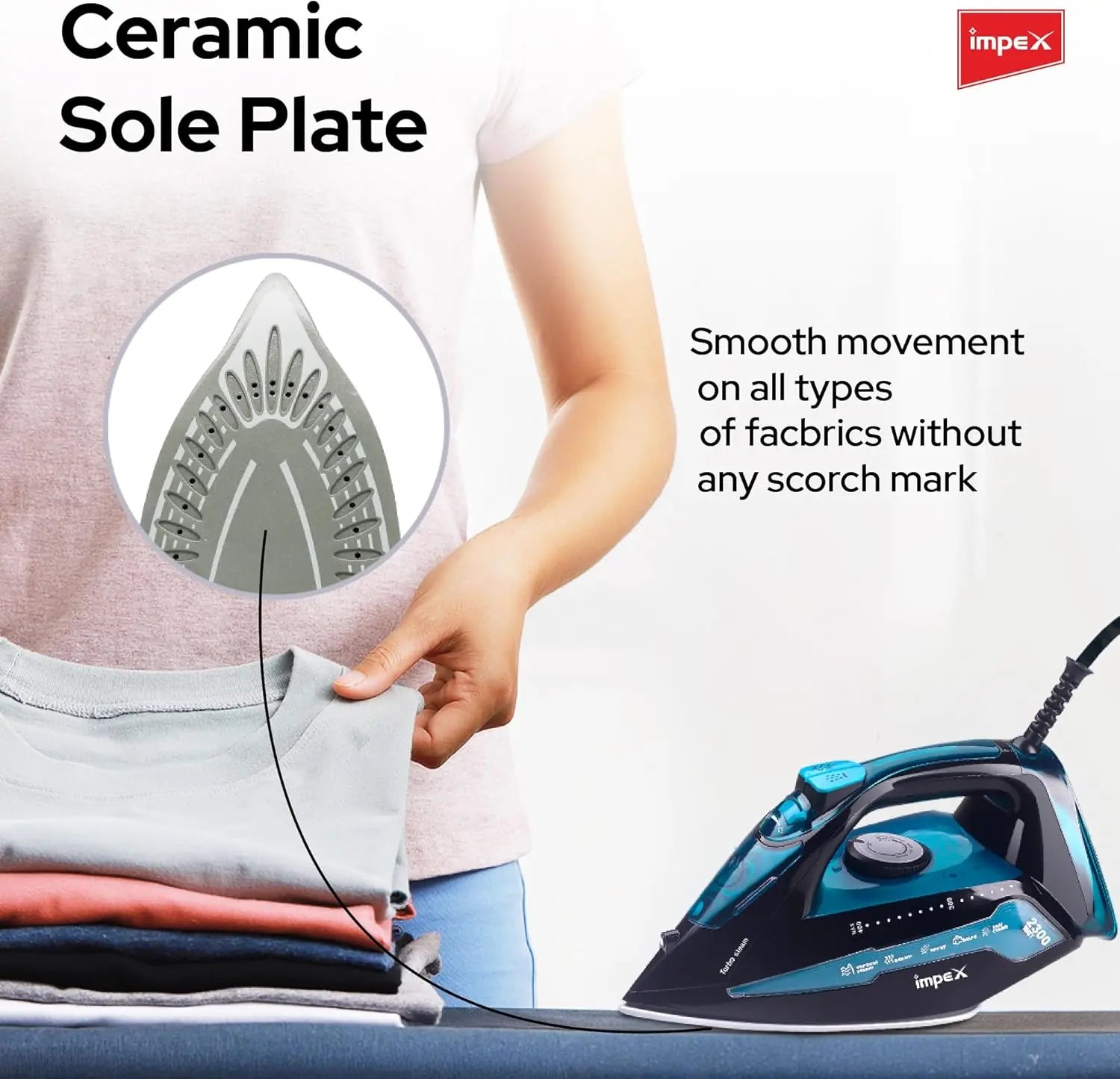 Impex Steam Iron IBS 404 - 2300W with Ceramic Coated Soleplate, Water Spray, 360° Swivel Cord, Overheat Protection & 5 Heat Settings – Vertical & Horizontal Steaming - Damoo