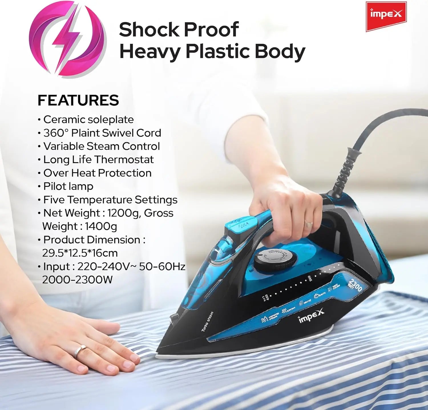 Impex Steam Iron IBS 404 - 2300W with Ceramic Coated Soleplate, Water Spray, 360° Swivel Cord, Overheat Protection & 5 Heat Settings – Vertical & Horizontal Steaming - Damoo