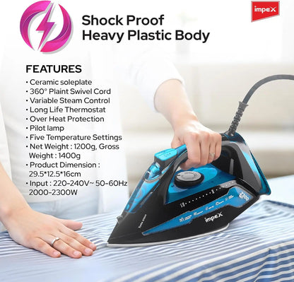 Impex Steam Iron IBS 404 - 2300W with Ceramic Coated Soleplate, Water Spray, 360° Swivel Cord, Overheat Protection & 5 Heat Settings – Vertical & Horizontal Steaming - Damoo