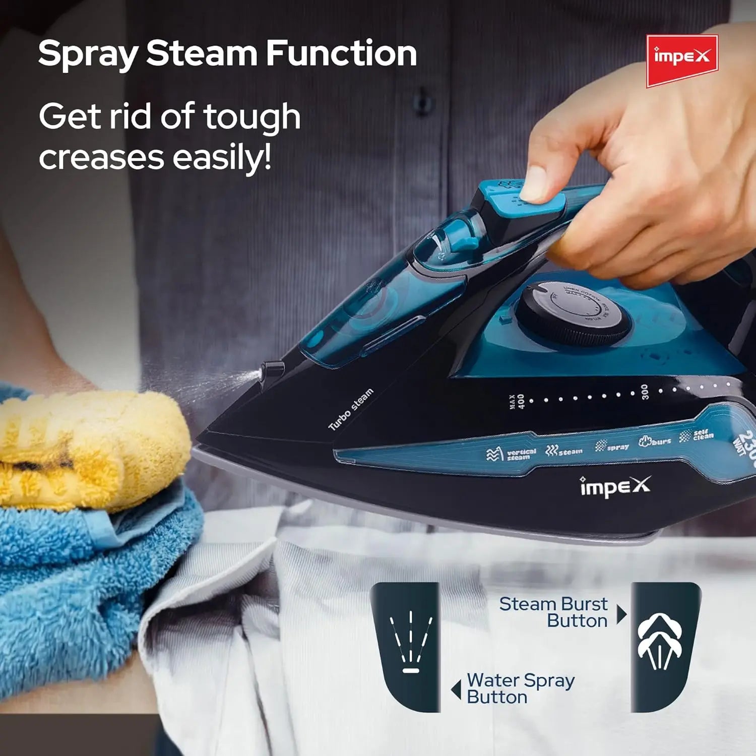 Impex Steam Iron IBS 404 - 2300W with Ceramic Coated Soleplate, Water Spray, 360° Swivel Cord, Overheat Protection & 5 Heat Settings – Vertical & Horizontal Steaming - Damoo