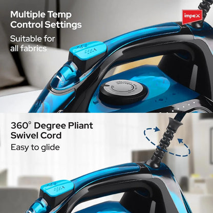 Impex Steam Iron IBS 404 - 2300W with Ceramic Coated Soleplate, Water Spray, 360° Swivel Cord, Overheat Protection & 5 Heat Settings – Vertical & Horizontal Steaming - Damoo