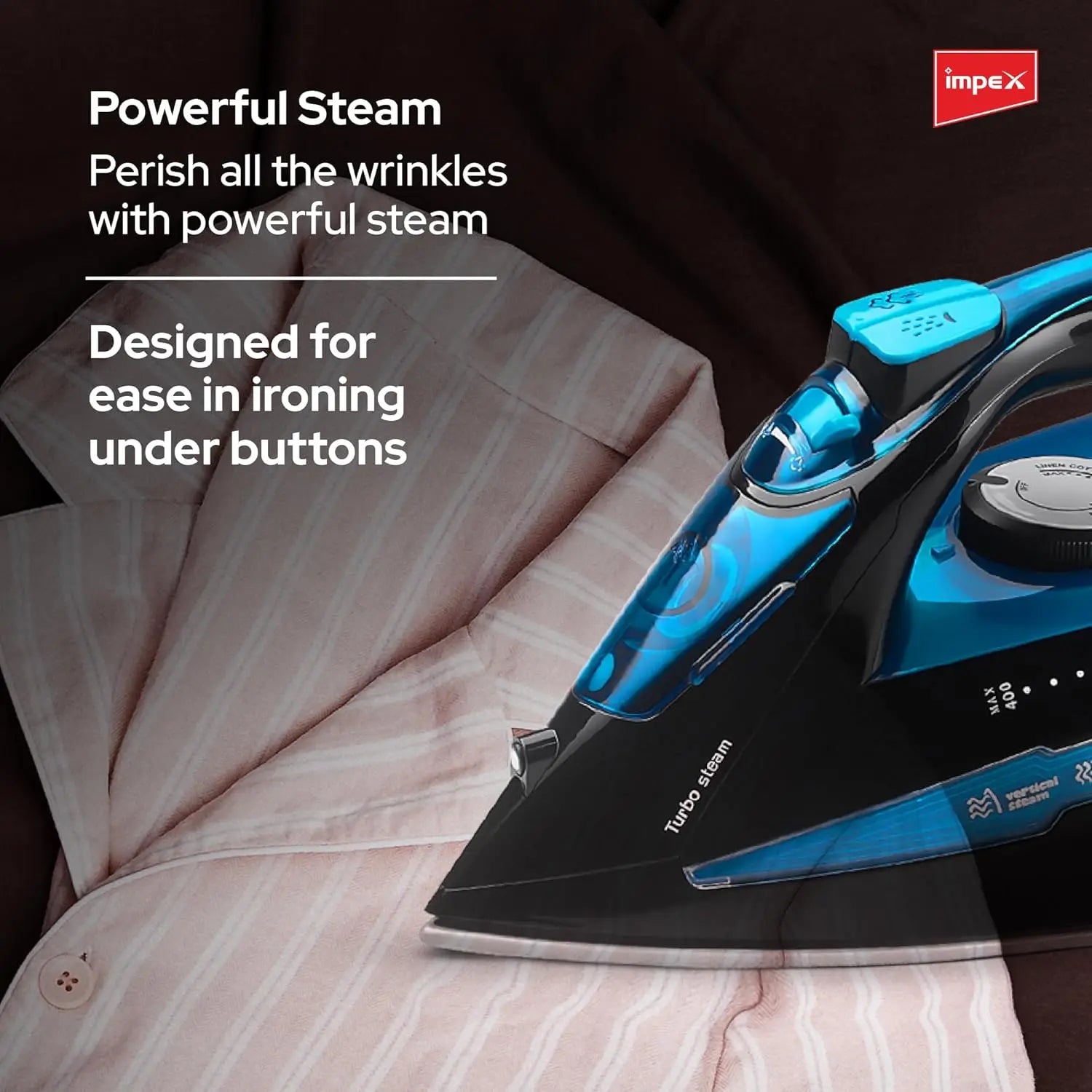 Impex Steam Iron IBS 404 - 2300W with Ceramic Coated Soleplate, Water Spray, 360° Swivel Cord, Overheat Protection & 5 Heat Settings – Vertical & Horizontal Steaming - Damoo