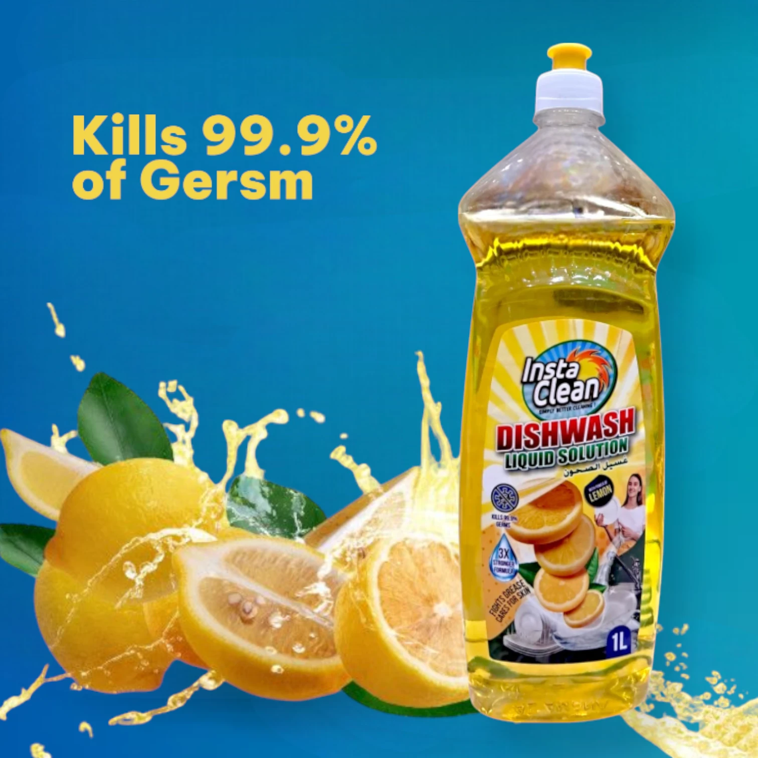 InstaClean Lemon Dishwash Liquid – 1L Powerful Grease-Fighting Formula | 3X Stronger - Damoo