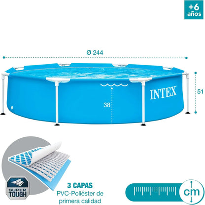INTEX Above Ground Pool 244 x 51 cm Metal Frame Above Ground Pool – Durable Steel Structure with T-Joint Assembly, 3-Ply Liner, 1830L Water Capacity, Ages 6+, Easy Setup in 30 Minutes - Damoo