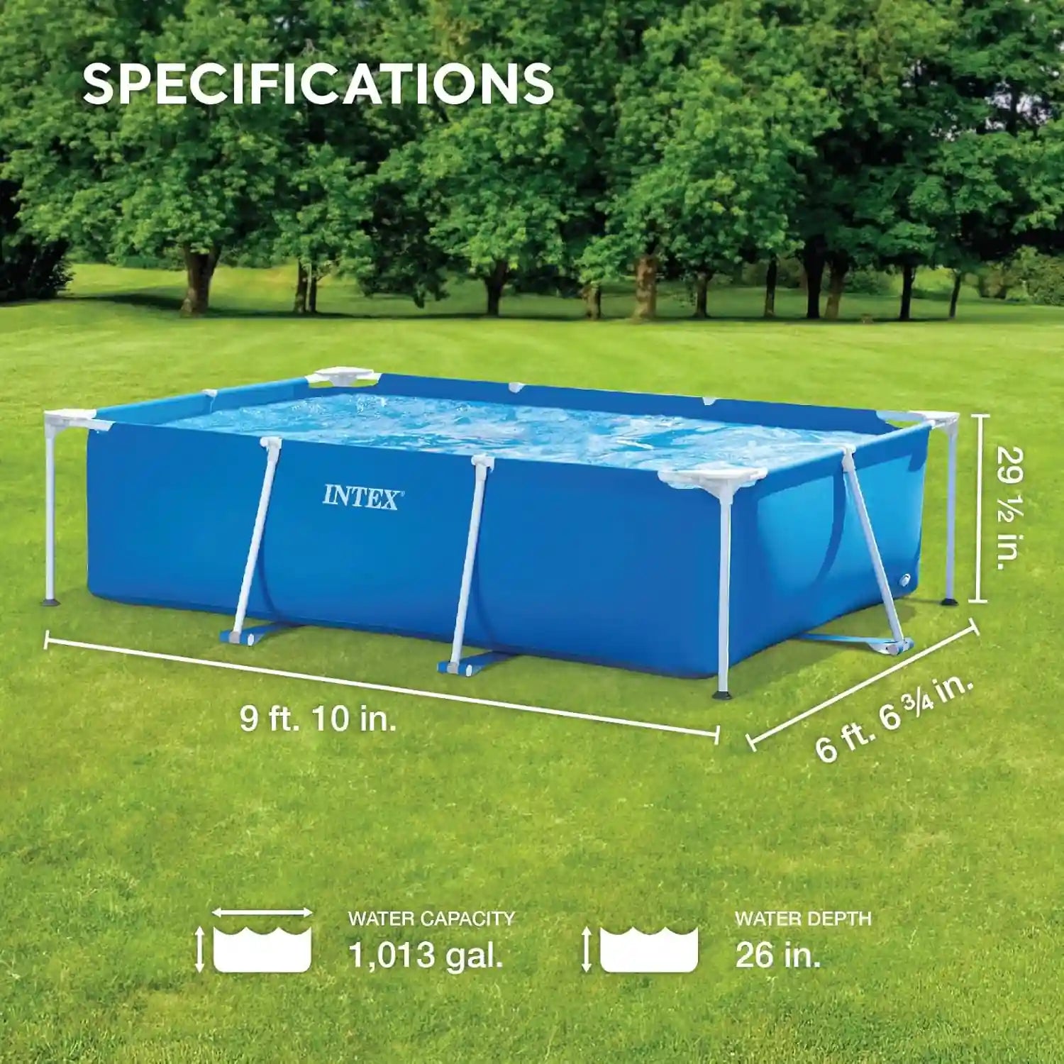 INTEX Above Ground Pool 3 x 2 m Metal Frame Rectangular – 75 cm Deep Family Swimming Pool with Rust-Resistant Frame, 800L Capacity, Heavy-Duty PVC, Ages 6+ - Damoo
