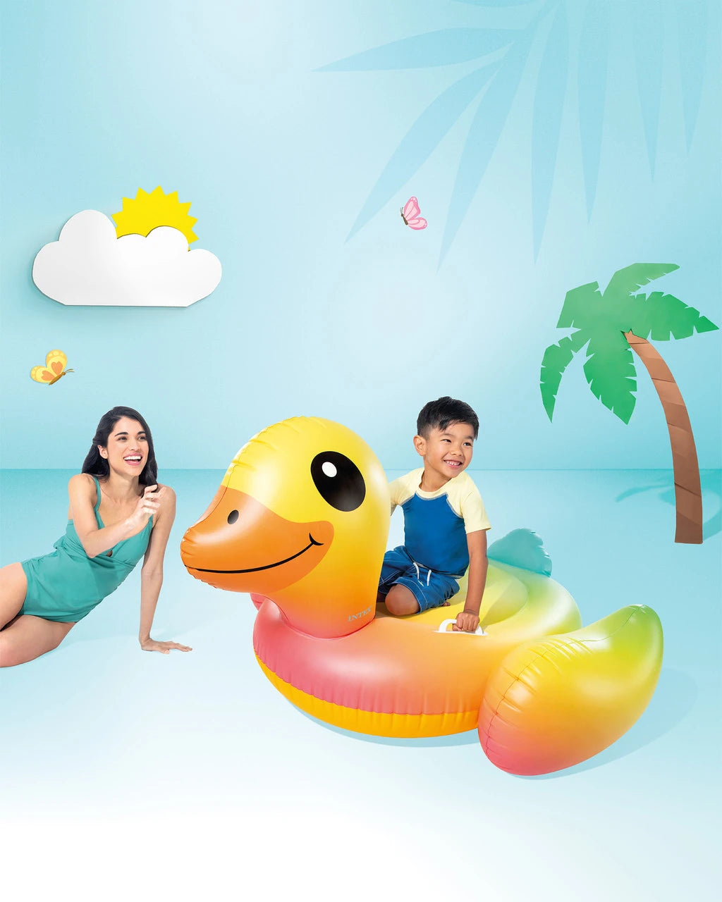 Intex Baby Duck Ride-On Inflatable Pool Float – Giant 147 x 147 x 81 cm Yellow Duck Float with Handles – Fun Pool Toy for Kids Ages 3+ (Max Weight 100 kg) - Damoo