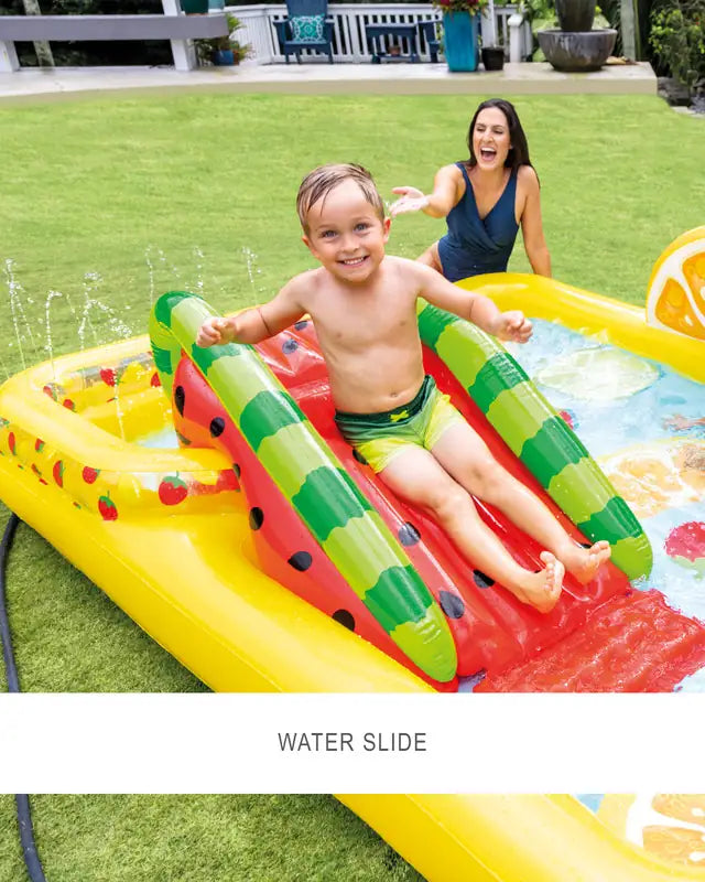 INTEX Fun N Fruity Inflatable Play Center with Slide, Dual Pools & Water Toys – 244 x 191 x 91 cm, For Kids Ages 2+, Includes Ball Toss Game, Fruits, Water Sprayer & Repair Patch - Damoo