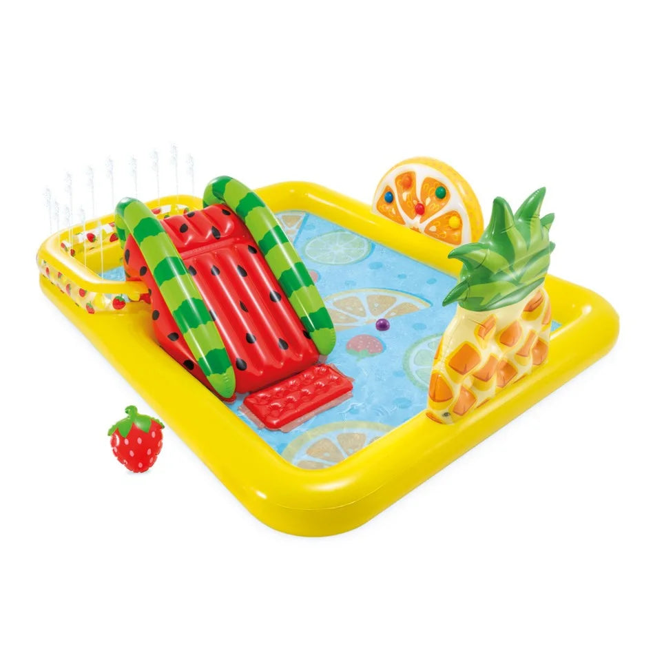 INTEX Fun N Fruity Inflatable Play Center with Slide, Dual Pools & Water Toys – 244 x 191 x 91 cm, For Kids Ages 2+, Includes Ball Toss Game, Fruits, Water Sprayer & Repair Patch - Damoo